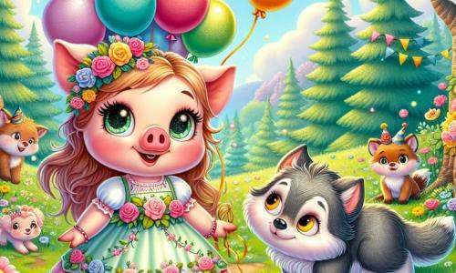 Im Mittelpunkt des Bildes steht Lotte, ein kleines rosa Schweinchen mit funkelnden Augen und runden Wangen, das fröhlich lächelt, während sie bunte Ballons hält. Sie trägt ein hübsches Blumenkleid und wirkt voller Energie, bereit, ihre Freunde zur Feier einzuladen. Rechts von ihr steht der große Wolf mit grauem Fell und sanften Augen etwas im Hintergrund, mit einem schüchternen Lächeln im Gesicht. Er trägt einen kleinen Partyhut und schaut Lotte bewundernd an, während er die Freude an der Freundschaft entdeckt. Im Hintergrund ist die Szenerie bezaubernd: ein grünes Feld, das mit leuchtenden Blumen übersät ist, majestätische Bäume mit fruchtbeladenen Ästen und ein hellblauer Himmel mit flauschigen Wolken. Die Szene zeigt den Moment, in dem Lotte den Wolf einlädt, sich der Feier anzuschließen, was Akzeptanz und die Freude am gemeinsamen Teilen symbolisiert. Die anderen Tiere des Waldes, wie bunte Vögel und neugierige Hasen, versammeln sich um sie, bereit, die Freundschaft zu feiern.