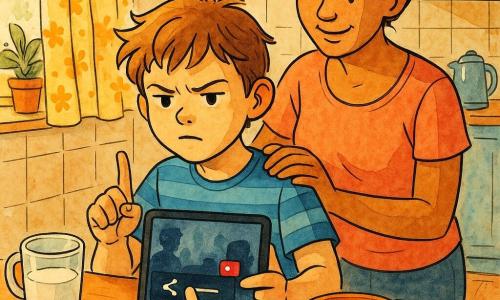 Un ragazzo di 10 anni, Luca, seduto al tavolo della cucina con volto pensieroso e determinato, sopracciglia aggrottate ma dolci, capelli castano chiaro arruffati e maglietta a righe blu, tiene un tablet rettangolare con un dito alzato come per dire 