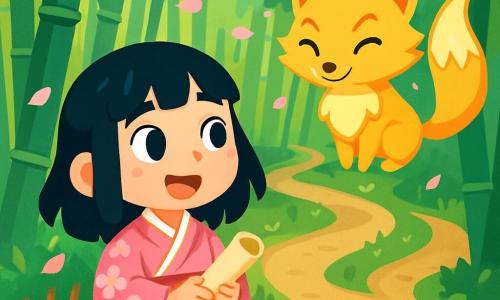Yuki, una giovane donna dai capelli neri come l'inchiostro, si trova ai bordi di un sentiero di bambù, il viso illuminato da un'espressione di eccitazione e curiosità. Indossa un kimono tradizionale con motivi floreali rosa e bianchi e tiene in mano una piccola pergamena arrotolata, pronta per partire all'avventura. Vicino a lei, un spirito volpe, una creatura magica con una pelliccia dorata e occhi maliziosi, la osserva con benevolenza, fluttuando leggermente sopra il suolo. Il luogo è una foresta densa di bambù verdi, dove la luce del sole filtra attraverso le foglie, creando ombre danzanti sul terreno. Petali di ciliegio cadono dolcemente intorno a loro, aggiungendo un tocco di magia all'atmosfera. Yuki si prepara a scegliere il suo cammino, indecisa tra tre sentieri misteriosi che si estendono davanti a lei, ognuno promettendo un'avventura unica.