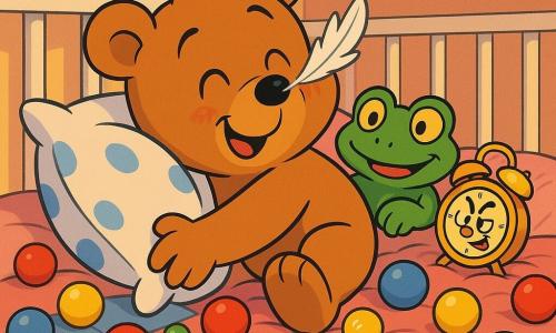 Pino è un piccolo orsetto di peluche marrone chiaro, occhi tondi e lucenti e sorriso assonnato, che tiene un grande cuscino bianco a pois blu e spinge piccole palline colorate sul letto; una ranocchia di peluche verde, maliziosa e coccolona, è accoccolata vicino alla sua testa; una sveglia tonda in metallo giallo con occhi disegnati è mezza infilata sotto il cuscino; decine di palline di plastica rosse, blu, gialle e verdi rotolano e saltellano sulla coperta; una piuma bianca è posata sul naso di Pino provocando uno starnuto carino; la stanza è calda e dolce con pareti pesca pastello decorate a stelle, letto largo a sbarre bianche, coperta di lana rosa, un mobile di lune e nuvole e luce dorata soffusa — scena principale: un momento di nanna calmo e divertente, l'orsetto si prepara a dormire in mezzo al caos di palline, circondato dai suoi giochi in un'atmosfera tenera e rassicurante.