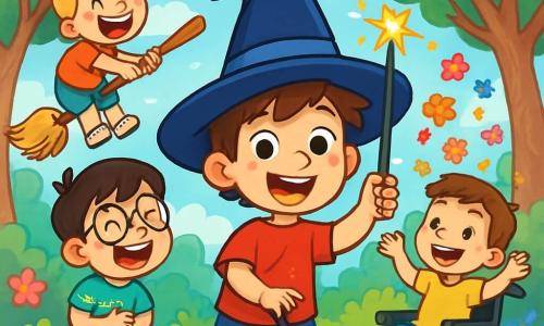 Hay 4 niños: Tomás, un chico de 10 años con cabello castaño desordenado y una gran sonrisa, lleva un sombrero de mago demasiado grande y sostiene una varita mágica brillante. Marcos, de 9 años, con cabello rubio y ojos brillantes, ríe mientras vuela en una escoba mágica. Rafi, de 8 años, con cabello negro y gafas redondas, está al lado de Tomás riendo y contando un chiste. Nico, de 10 años, con cabello castaño, está en su silla de ruedas rodeado de flores coloridas que caen del cielo, levantando los brazos para atrapar los pétalos. El lugar es un jardín mágico lleno de flores brillantes y árboles retorcidos, bajo un cielo azul con nubes esponjosas y una luz dorada que crea una atmósfera alegre. La escena principal muestra a Tomás intentando hacer volar una escoba mágica, que se eleva de manera impredecible, soltando flores en el aire mientras sus amigos ríen y disfrutan, creando un ambiente de magia y felicidad.