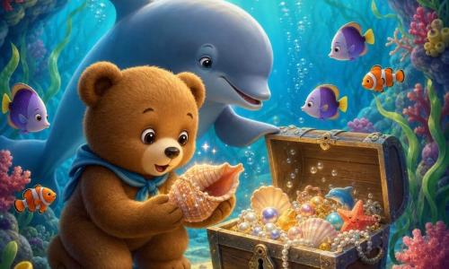 Un piccolo orsetto bruno di peluche realistico, muso rotondo e occhi brillanti, sguardo meravigliato, tiene una conchiglia scintillante tra le zampe e si accovaccia davanti a un antico forziere aperto; un delfino grigio-blu dal sorriso dolce nuota dietro l'orsetto, curioso, inclinando la pinna pettorale verso il forziere; piccoli pesci colorati (pagliacci arancioni e bianchi, pesci farfalla viola) girano formando un cerchio luminoso intorno al forziere; la scena si svolge in una grotta sottomarina con pareti di corallo rosso, rosa e giallo, alghe verdi ondeggianti e raggi di luce verdi e blu dalla superficie; l'orsetto e il delfino scoprono un tesoro di perle, conchiglie lucenti e piccoli giocattoli marini, con bolle argentate che salgono; stile grafico: colori morbidi, sfumature delicate, texture lievi per pelo e acqua, composizione centrata e adatta ai bambini.
