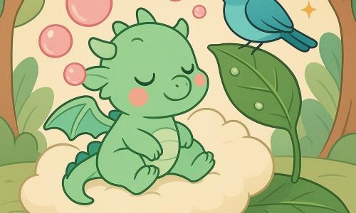 Un pequeño dragón bebé verde menta, ojos brillantes y mejillas rosadas, somnoliento y sonriendo, sentado en una gran almohada-nube blanco hueso que se balancea, sopla burbujas rosas translúcidas con olor a fresa; un pajarito azul de plumaje liso, de expresión amable, sostiene junto a la nube una gran hoja verde como barca para ayudar al dragón que cae suavemente en un charco de gelatina rosa brillante con pequeños salpicones 