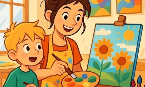 Ana, o artistă cu părul brun prins în coadă dezordonată, poartă un șorț stropit cu vopsea în culori vii. Ea zâmbește entuziastă, cu ochii strălucind de bucurie, în timp ce amestecă culorile pe paletă. Lângă ea, Matei, un băiat de 8 ani cu părul blond în dezordine, observă cu uimire, ținând o pensulă mică în mână. Atelierul este luminos, plin de pânze colorate agățate pe pereți și pensule împrăștiate pe mesele din lemn. Lumina soarelui pătrunde printr-o fereastră mare, iluminând stropii de vopsea de pe podea. În această scenă, Ana și Matei lucrează împreună pentru a crea o pictură minunată, plină de flori uriașe și peisaje însorite, simbolizând pasiunea lor comună pentru artă.
