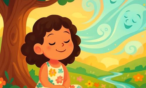 O fetiță de 6 ani, pe nume Maria, cu părul brun și creț, poartă o rochie ușoară cu flori colorate. Are un zâmbet radiant și ochi strălucitori de curiozitate, așezată sub un copac mare cu trunchi noduros, cu picioarele încrucișate, ascultând cu atenție murmurul blând al vântului. Lângă ea, un vânt ușor, reprezentat prin vârtejuri de culori pastelate, pare să prindă formă, cu fețe zâmbitoare și brațe deschise, ca și cum o îmbrățișează și îi șoptește secrete liniștitoare. Locul este o vale fermecată, scăldată în lumina aurie a apusului, unde flori multicolore dansează ușor în ritmul vântului, iar un pârâu strălucitor șerpuiește prin peisaj, creând o atmosferă liniștită și magică. Situația principală o arată pe Maria închizând ochii, respirând adânc, în timp ce vântul o învăluie cu blândețe, purtându-i grijile și aducându-o într-o stare de serenitate și vis.