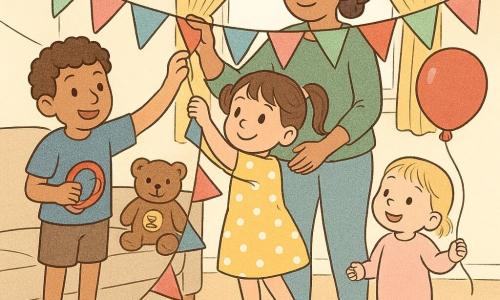 A determined 4‑year‑old girl, Maya, with brown pigtails in a yellow polka‑dot dress stands on tiptoe reaching to hang a paper garland while a curly‑haired ~5‑year‑old boy, Noah, in a blue T‑shirt stands on a small stool to her left holding the garland with one hand and a small red drum with the other; about 2‑year‑old cousin Ava, with fine blonde hair in pink slippers, splashes to Maya’s right holding a red balloon; their mother, hair tied and wearing a green sweater, supports Maya with one hand and holds a roll of tape in the other; a small brown teddy bear, Mr. Bumble, sits on the sofa with a bee sticker on its belly and a tabby cat, Miso, sits beneath the garland with a strip of paper tickling its paw; the bright, warm living room has cream walls, yellow curtains, multicolored paper garlands partly hung, paper lanterns on a shelf, and a coffee table with a vanilla cake with colorful sprinkles, as the family repairs the fallen garland together with tape, small helping hands and joyful cooperation.