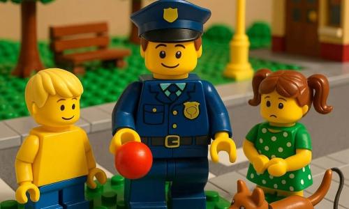 Een politieman genaamd Milan, ongeveer dertig, rond en vriendelijk gezicht, korte bruine haren, geknield met een blauwe politiejas en pet houdt een rode bal vast en wijst zacht waar te spelen — op het gras weg van de weg; links van hem een ongeveer 7-jarige blonde jongen in geel T-shirt kijkt nieuwsgierig, rechts een ongeveer 6-jarig meisje met bruine twee staartjes en een groene jurk met stippen fronst licht bij het trottoir; een klein bruin mannetje van hondformaat rent van rechts met een opgeheven staart en los achter zich meesleurende riem; decor: lichtgrijs bestrate stoep, paar stenen verder een duidelijke zebrapad, glanzend groen gras, houten bank, bakkerijtje en bakstenen bomen met ronde groene bladeren, zacht geel straatlantaarn; scène: Milan die rustig aanwijst waar te spelen terwijl de kinderen luisteren en de hond springt, warme late ochtendverlichting, heldere kleuren, scherpe contouren, LEGO-diorama stijl en licht vogelperspectief.