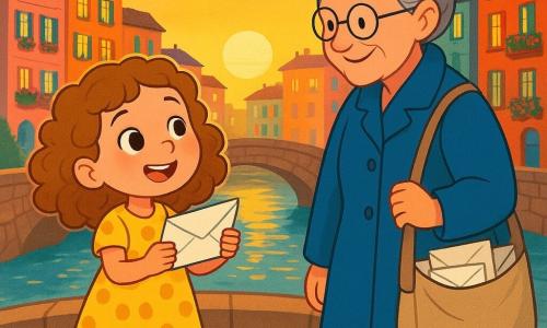 A 6-year-old girl named Mira stands at the edge of a bridge, her eyes shining with curiosity and excitement. She has light brown curly hair and wears a yellow polka dot dress with red sandals. In her hands, she holds a delicately folded message, her face glowing with anticipation. Next to her is an elderly woman, the postmistress, around 60, with gray hair in a bun and round glasses, smiling warmly. She wears a blue coat and holds a canvas bag filled with letters, standing slightly back, watching Mira with pride. The bridge is made of ancient stones, surrounded by a sparkling river reflecting the city lights. Colorful buildings with bright windows and flowered balconies rise on either side, creating a magical urban atmosphere. Mira is getting ready to cross the bridge to deliver an important message, her heart racing with excitement. The scene is bathed in golden sunset light, adding a touch of magic to the moment.