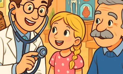 Um médico homem na casa dos quarenta anos, com cabelos castanhos levemente encaracolados e óculos redondos, sorri calorosamente enquanto segura um estetoscópio. Seu rosto expressa bondade e escuta, com olhos brilhantes de curiosidade. Ao seu lado, uma menina de 8 anos, com cabelos loiros trançados e um vestido rosa com bolinhas, observa maravilhada o estetoscópio, seus olhos brilhando de curiosidade. Um homem idoso, com um grande bigode grisalho e um suéter azul, está sentado em uma cadeira, ouvindo atentamente, com um sorriso tranquilizador no rosto. A cena acontece em um museu colorido, com paredes adornadas com desenhos de animais e plantas, e mesas de madeira onde estão expostos objetos científicos. Crianças riem e brincam ao redor, criando uma atmosfera alegre e animada. O médico explica com paixão como ouvir o coração, enquanto a menina o observa com fascínio, e o homem idoso acena, criando um ambiente de compartilhamento e aprendizado.