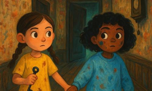 Duas meninas de 7 anos: Luna, cabelos castanhos em duas tranças, olhos avelã, vestindo um vestido amarelo com manchas de tinta e segurando uma pequena chave metálica escura na mão direita; Bia, cabelos pretos cacheados curtos, manchas de tinta no rosto e um moletom azul claro grande, segura a mão esquerda de Luna; ambas avançam juntas por um corredor antigo de madeira com papel de parede rasgado, em direção a uma porta de madeira entreaberta que emite um brilho esverdeado; a chave brilha fracamente sob uma lâmpada piscante, um velho carilhão vibra na parede e sombras longas se estendem pelo chão.