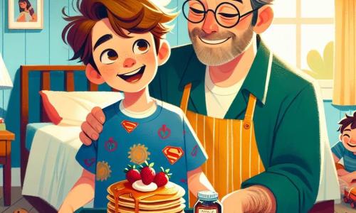 An 8-year-old boy, Tommy, with messy brown hair and sparkling eyes, stands in front of a bed, a big smile on his face. He wears a blue t-shirt with superhero patterns and a kitchen apron that's a bit too large for him. Next to him, his father, a man in his thirties with a light beard and glasses, sits on the bed, wide-eyed in wonder at the breakfast tray. The scene takes place in a cozy room with pastel yellow walls, toys scattered on the floor, and sunlight streaming through the curtains. On the tray, golden pancakes are carefully stacked, accompanied by bright red strawberries and a small jar of maple syrup. Tommy, excited, proudly presents his Father's Day gift, while his touched father raises his arms to embrace him.