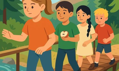 Cuatro niños de 10 años: Nora, niña de cabello castaño claro recogido en coleta, rostro concentrado pero sereno, al inicio del puente de madera con una mano en la barandilla y la otra palma abierta guiando; Leo, niño de pelo castaño corto y camiseta verde, sonrisa tranquila, detrás de Nora mirando al frente y sosteniendo una manzana partida en la mano izquierda; Inés, niña de pelo negro en trenza y expresión tímida que se abre en sonrisa, en el centro del puente sujetando la barandilla y respirando hondo; Tomás, niño de pelo rubio y rostro enrojecido por el esfuerzo, al inicio del puente a la derecha de Nora preparando el paso con las manos apretadas. Lugar: puente estrecho de tablas crujientes sobre un arroyo claro entre pinos y un sendero con raíces, con un mirador rocoso y un valle suave al fondo. Situación: los cuatro cruzan el puente uno tras otro, paso a paso, en una mañana luminosa con colores cálidos y contrastes, texturas simples y composición diagonal que muestra el avance, expresiones de concentración, ánimo y alivio.