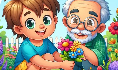 Een 4-jarig jongetje, Sam, met rommelig bruin haar en een grote blije glimlach, zit in een bloeiende tuin. Hij draagt een felblauw t-shirt en een gele short, terwijl hij een klein boeket kleurrijke bloemen vasthoudt. Naast hem staat zijn grootvader, een oude man met een witte baard en ronde bril, die trots glimlacht terwijl hij Sam een mooie bloem laat zien. Ze bevinden zich in een weelderige tuin, vol met schitterende bloemen, fladderende vlinders en een klein stukje groen met een klein moestuintje. De hoofdscene toont Sam en zijn grootvader die de schoonheid van de natuur ontdekken en praten over het belang van het beschermen van bloemen en insecten.