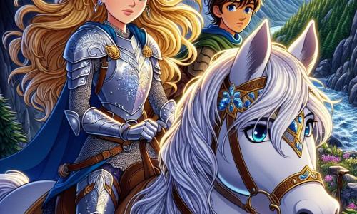 In the foreground, a young knightess, Seraphina, aged fourteen, stands proudly on her white horse, Thunder. She wears shining armor that glistens in the sun, with golden hair flowing in the wind and bright green eyes full of determination. Her expression is both brave and resolute, ready to face the dragon threatening her kingdom. Beside her, a young squire named Finn, aged twelve, stands slightly back. He has messy brown hair and bright blue eyes. He holds a map in his hands, looking focused and excited as he carefully scans the surroundings for the dragon. The setting is at the entrance of a dark, menacing cave, surrounded by steep mountains and lush forests. Dark clouds loom overhead, adding an atmosphere of mystery and tension to the scene. The main situation shows Seraphina and Finn preparing to enter the cave, determined to confront the dragon Malachor. They exchange a knowing glance, ready to execute their plan to save their kingdom of Eldoria.