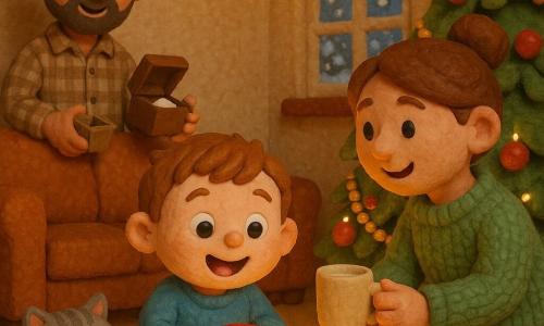 A 2-year-old boy with short light brown hair, fair skin and bright round eyes sits on a plush rug holding a shiny small red toy car, his expression awed and joyful; a woman (mother, ~30) with brown hair in a bun kneels to his right offering a cup of warm milk, wearing a green knitted sweater; a man (father, ~32) with light beard and dark hair stands behind the sofa to the left holding an open small gift box and watching proudly, wearing a plaid shirt; a gray-and-white tabby cat curls near the car on the rug, eyes half-closed. The living room is decorated for Christmas with a large green tree adorned with red baubles, gold garlands and warm lights, brick fireplace, frosted window with visible snow, and string lights overhead. The main scene shows the boy discovering his red car under the tree’s golden light, in a warm intimate atmosphere, low perspective at the child’s level. Visual style: stop-motion claymation with slightly rounded shapes, tangible textured surfaces, soft warm lighting, muted shadows and a Christmas palette of red, green, gold and cream.