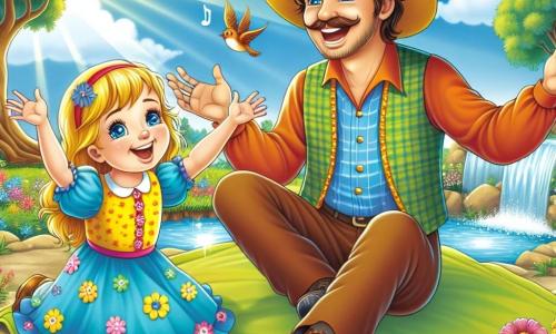 A smiling man, Mr. Sam, wears a large yellow hat and a colorful shirt. He has brown hair and sparkling joyful eyes. He is sitting on a green blanket with his arms open, as if inviting the world to listen to the music of nature. Next to him, a little girl, Emma, about 6 years old, has long blonde hair and bright blue eyes. She joyfully dances with her arms raised, surrounded by colorful flowers growing around them. The setting is a sunny park, with majestic trees, birds singing in the branches, and a sparkling stream flowing gently nearby. The sky is bright blue, dotted with fluffy white clouds. The main scene shows Mr. Sam and Emma listening to the music of nature, with musical notes floating around them, symbolizing the joy and harmony they feel together.