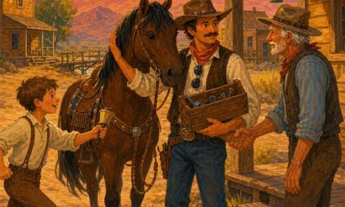 Un cowboy dal viso abbronzato, baffi sottili e occhiali da sole appesi al collo, sguardo calmo e determinato, tiene una cassa degli attrezzi di legno contro il petto e accarezza la testa di un grande cavallo baio a destra; un ragazzino di circa 10 anni dai capelli corti e sorriso curioso corre verso il cowboy in primo piano a sinistra brandendo una piccola campana; un uomo anziano di circa 65 anni, pelle rugosa e cappello logoro, stringe la mano al cowboy vicino a un portico di legno sullo sfondo a destra; il cavallo è di pelliccia bruno scuro con criniera nera e occhi dolci, sella con frange; la scena è una piazza di paese polverosa al tramonto con case di legno ocra, montagne rosa all'orizzonte, erbe ingiallite e un piccolo ponte di tavole fragile sullo sfondo; il cowboy arriva al crepuscolo dopo aver riparato il ponte e riportato gli attrezzi, atmosfera calda e rassicurante, colori caldi, texture spesse e pennellate visibili.