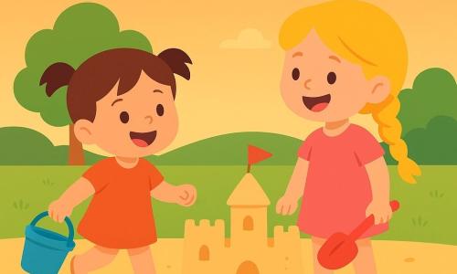 Ana, 2 anos, sorridente, cabelos castanhos curtos em marias-chiquinhas, segura um balde azul com areia, postura dinâmica; Sofia, 3 anos, loira de trança, segura uma pá vermelha, ao lado de um castelo de areia olhando e rindo; as duas próximas no areal quente, frente a frente, troca de olhares cúmplices; parque ao crepúsculo com grande relvado verde, um carvalho ao fundo, céu laranja suave e nuvens rosadas, luz quente; em primeiro plano um castelo de areia com duas torres e bandeira de papel e brinquedos coloridos espalhados; cena acolhedora de duas amigas construindo juntas um castelo, cores vivas, formas simples, sombras muito leves e contornos nítidos, composição centrada e legível para crianças pequenas