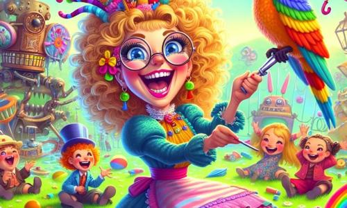 Whimsical Wendy is a woman with curly, tousled bright blonde hair, wearing round glasses that slide down her nose. She has a big joyful smile and sparkling creative eyes. She is juggling colorful umbrellas while laughing, surrounded by her quirky inventions. Next to her is Sir Squawksalot, a brightly colored parrot perched on her shoulder, excitedly flapping his wings and joyfully shouting 