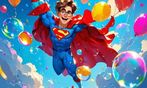 Tomás, un hombre con cabello castaño desordenado y una sonrisa traviesa, flota en el aire rodeado de burbujas de jabón de colores, con sus calcetines voladores hinchados como globos. Lleva un traje de superhéroe azul y rojo, con una capa ondeando al viento, y sus ojos brillan de emoción y alegría. Lucas, un niño de 8 años con cabello rubio y gafas redondas, se encuentra abajo, riendo a carcajadas mientras levanta los brazos hacia Tomás, maravillado por la escena. Lleva una camiseta verde y un pantalón corto azul, rodeado de otros niños que lo miran con expresiones de sorpresa y felicidad. La escena ocurre en un parque soleado, con árboles verdes, flores coloridas y un cielo azul salpicado de nubes blancas. Tomás, flotando gracias a sus calcetines voladores, intenta controlar su trayectoria mientras ríe, mientras burbujas de jabón escapan de sus pies y flotan a su alrededor, creando una atmósfera alegre y lúdica.