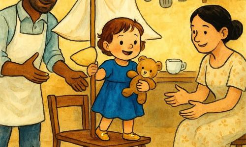 Lila, uma menina de 2 anos, sorridente e curiosa, cabelo castanho curto, veste um vestido azul vivo e está em pé numa cadeira transformada em 