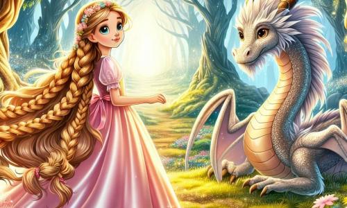 Dornröschen, eine junge Prinzessin mit langen, geflochtenen goldenen Haaren, steht im Mittelpunkt der Szene, ihr Gesicht erleuchtet von einem Lächeln der Hoffnung und Entschlossenheit. Sie trägt ein leichtes rosa Satin-Kleid, verziert mit zarten Blumen, und ihre Augen strahlen Mut, während sie sich einem großen alten Baum nähert, Symbol der Magie des Königreichs. An ihrer Seite bewundert ein majestätischer Drache mit silbernen Schuppen, großen weisen Augen und einem wohlwollenden Ausdruck sie. Er steht auf seinen Hinterbeinen, seine Flügel leicht ausgebreitet, bereit, ihr auf ihrer Reise zu helfen. Die Szenerie ist eine verzauberte Lichtung im Herzen eines weiten, geheimnisvollen Waldes, wo bunte Blumen im Wind tanzen und das Sonnenlicht durch das Laub filtert, funkelnde Muster auf den Boden zaubert. Im Hintergrund bilden majestätische Bäume mit knorrigen Stämmen und weit ausladenden Ästen einen magischen Rahmen. Die Hauptsituation zeigt Dornröschen, entschlossen, ihr schlafendes Königreich zu erwecken, während sie vor dem magischen Baum steht, bereit, die Kraft der Liebe und Freundschaft freizusetzen, um den Fluch zu brechen, der auf ihrem Volk lastet.