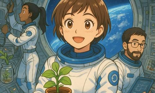 Clara, astronauta de unos 30 años, sonríe emocionada y maravillada, pelo castaño corto, traje espacial blanco y azul, flotando junto a un gran escotillón mientras sostiene delicadamente una maceta con una planta; un compañero de unos 35 años, barbudo y con gafas, sentado y sujeto a una consola a la derecha, sostiene una tablet con esquemas; otra compañera de unos 28 años, pelo negro en coleta, ajusta cables e instrumentos a la izquierda, sujeta al techo con una correa; interior de estación espacial brillante con paredes metálicas grises, paneles luminosos, filas de botones de colores, tuberías y plantas en frascos colgantes; por la ventana la Tierra en primer plano, azul y blanca con nubes algodonosas y curvatura bajo un cielo estrellado profundo; atmósfera tranquila y mágica, luz suave del escotillón ilumina los rostros y crea reflejos en el traje; composición centrada en Clara en primer plano, escotillón y Tierra al fondo, colegas ligeramente desenfocados para dar profundidad; estilo manga con trazos redondeados, ojos grandes y expresivos, colores vivos y texturas ligeramente acuarela.