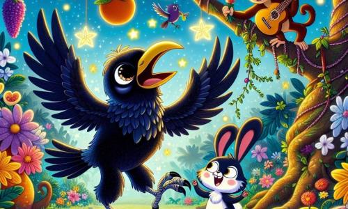 Un corvo di nome Coco, con un piumaggio nero lucido e occhi scintillanti di malizia, sta ballando gioiosamente in un giardino segreto pieno di fiori colorati che brillano come stelle. Accanto a lui, un coniglietto di nome Bobo, con grandi orecchie e pelliccia bianca, salta con entusiasmo cercando carote magiche. Sullo sfondo, una scimmia di nome Mimi, con pelliccia marrone e chitarra in mano, scala un ramo, pronta a suonare musica per la festa. Il giardino è incantato, con alberi dai tronchi contorti, cespugli fioriti e frutti esotici appesi ai rami. La scena emana un'atmosfera di gioia e amicizia, mentre Coco e i suoi amici preparano una grande festa piena di risate e musica.