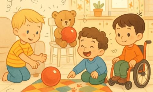 Vier Figuren: Leo, ca. 5 Jahre, kurze blonde Haare, gelbes T-Shirt mit roten Streifen, kniend links vor dem Sofa und nach dem Ball greifend; Ben, ca. 5 Jahre, kastanienbraune Locken, blaues Sweatshirt, hockt in der Mitte, lacht und zeigt auf eine Spur kleiner roter Fußabdrücke auf dem Teppich; Tim, ca. 5 Jahre, glatte braune Haare, kleiner roter Rollstuhl, sitzt rechts etwas zurückhaltend, neugierig, Hand am Rad; Teddy, hellbrauner Teddybär, sitzt auf einem weißen Küchenstuhl hinter den Kindern und hält den roten Ball. Ort: helle, warme Küche mit cremefarbenen Fliesen, großem buntem Teppich mit geometrischen Mustern, beigem Sofa im Hintergrund, heller Holztisch, Fenstervorhänge mit Blumen und weichem Licht. Szene: Die drei kleinen Detektive folgen der Spur roter Fußabdrücke zum Teddy; der rote Ball strahlt in der Bildmitte; fröhliche Stimmung, kräftige Farben, runde Formen, kindlicher illustrativer Stil mit doodle-Overlays (Pfeile, Sterne, Lupe).