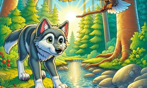 Un joven lobo de ojos brillantes y curiosos, con pelaje gris y patas ágiles, se encuentra al borde de un arroyo resplandeciente, con una expresión que mezcla asombro y determinación. A su lado, un majestuoso águila de plumas doradas, posada en una rama, observa a Luno con sabiduría, sus ojos penetrantes reflejando la luz del sol y un aura de misterio. El escenario es un vasto y verde bosque, donde los árboles de troncos robustos se elevan hacia el cielo, sus hojas bailando suavemente al compás del viento, mientras un suave rayo de sol filtra a través del follaje, iluminando el arroyo que serpentea entre las piedras lisas. La situación principal muestra a Luno, el joven lobo, listo para zambullirse en el arroyo, simbolizando su valentía y búsqueda de respuestas, mientras el águila lo anima silenciosamente, creando una atmósfera de aventura y descubrimiento.
