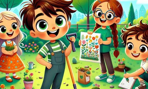 In un parco soleggiato, quattro bambini si riuniscono per creare un giardino comunitario. Marco, un ragazzo di 9 anni con i capelli castani e gli occhi vivaci, tiene una piccola pala e sorride al centro del gruppo. Anna, una ragazza di 8 anni con lunghi capelli biondi intrecciati e un vestito colorato, è alla sua destra, mostrando con entusiasmo un sacchetto di semi di fiori. Luca, un ragazzo di 9 anni con i capelli castani e occhiali rotondi, è a sinistra di Marco, mentre disegna un piano del giardino su un quaderno. Sara, una ragazza di 9 anni con capelli ricci e una maglietta verde, si china per raccogliere piccole pietre, proprio dietro Marco. Il parco è pieno di fiori colorati, alberi verdi e un cielo blu splendente, creando un'atmosfera gioiosa e primaverile. I bambini stanno piantando semi nel terreno, ridendo e discutendo delle loro idee per il giardino, simboleggiando amicizia e scoperta della natura in primavera.