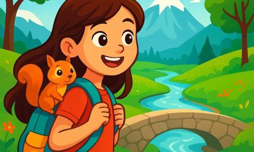Uma jovem exploradora, Joana, uma menina de 10 anos, com longos cabelos castanhos e olhos brilhantes de curiosidade, está à beira de uma imensa e magnífica ponte natural de pedra. Ela usa uma mochila colorida, cheia de suprimentos de exploração, e seu rosto expressa excitação e determinação. Ao seu lado, um pequeno esquilo de olhos vivos e pelagem dourada está empoleirado em seu ombro, observando com curiosidade a paisagem ao redor. O local é um vasto e verdejante vale, cercado por grandes montanhas com picos nevados, com árvores majestosas e flores vibrantes que dançam ao vento. Abaixo, um riacho cintilante serpenteia pela paisagem, adicionando um toque de magia à cena. Joana, com um sorriso radiante, está prestes a atravessar a ponte, cheia de coragem e entusiasmo, enquanto o esquilo parece pronto para acompanhá-la nesta emocionante aventura.