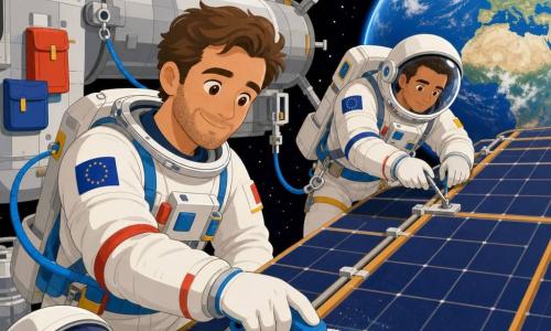 Un astronauta chiamato Luca, volto sorridente e calmo, occhi dolci, tuta spaziale bianca con bande colorate, casco appoggiato di lato, pulisce delicatamente un grande pannello solare con una spazzola rotonda assicurata da un cordone di sicurezza blu; un uomo adulto, Amir (circa 35 anni), capelli corti, espressione concentrata e benevola, stringe un piccolo gancio di fissaggio sullo stesso pannello, leggermente dietro e a destra di Luca, visibile attraverso la visiera; la scena si svolge all’esterno di una stazione spaziale dalle superfici grigie e lisce con dettagli geometrici, piccole botole e tasche colorate; sullo sfondo la Terra blu e bianca molto luminosa e un cielo stellato profondo; situazione principale: due astronauti lavorano in tandem con movimenti lenti e coordinati, atmosfera di pazienza e cooperazione, cordoni di sicurezza e strumenti stilizzati visibili, colori netti, forme semplici, contorni puliti, atmosfera dolce e rassicurante.
