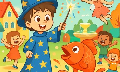 Un giovane mago di nome Nino, con capelli arruffati e un grande mantello blu decorato con stelle dorate, si trova al centro della scena, con gli occhi sgranati e un sorriso radioso sul volto. Brandisce una bacchetta magica scintillante, circondata da scintille colorate, mentre un pesce rosso gigante, con squame brillanti, salta dalla terra ai suoi piedi. Accanto a lui, la piccola fata Lila, con ali trasparenti e un vestito rosa scintillante, vola in cerchi ridendo. Ha circa 8 anni, capelli biondi e occhi pieni di malizia. Sullo sfondo, un gruppo di bambini felici, tutti di circa 6 anni, si divertono a saltare attorno a Nino, i loro volti illuminati dalla gioia. Il paesaggio è un villaggio magico, con case colorate dai tetti spioventi, alberi con foglie multicolori e una fontana scintillante al centro, dove fiori incantati danzano al ritmo del vento. La scena principale mostra Nino che cerca di lanciare un incantesimo per far apparire una torta enorme, ma al suo posto salta un pesce rosso dal suolo, provocando risate tra tutti i presenti.