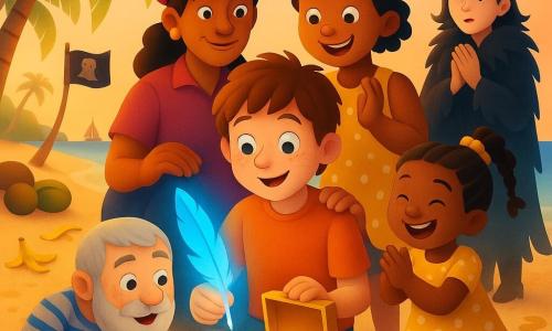 Personagens: Joaquim, menino de ~12 anos, rosto redondo com sardas, cabelo castanho despenteado, olhar maravilhado e sorriso tímido, segurando uma pena azul brilhante com a mão direita enquanto abre uma pequena caixa dourada sobre uma pedra; Dona Filomena, mulher ~40 anos, pele bronzeada, chapéu de capitão vermelho, olhar orgulhoso e afetuoso, com a mão no ombro de Joaquim; Tita, menina ~8 anos, tranças, vestido amarelo com bolinhas, olhos sorridentes, pulando e aplaudindo; Nicolau, homem ~65 anos, barba grisalha farta, agachado à esquerda apontando pegadas na areia; Capitã Marmota, mulher ~35 anos, casaco preto com penas, expressão surpresa e envergonhada, parada alguns passos atrás com chapéu bordado com uma marmota. Local: praia tropical ao fim da tarde, areia dourada, palmeiras inclinadas, cocos e cascas de banana espalhados, clareira com pedras cobertas de musgo e buracos camuflados, bandeira preta com motivo de marmota ao fundo. Ação: descoberta do tesouro — Joaquim ergue a pena azul e a caixa se abre revelando moedas reluzentes e uma velha bússola; rostos mostram alegria, espanto e cumplicidade. Estilo: cores vivas e suaves, degradês suaves, sombras sutis, texturas de areia e madeira marcantes, proporções levemente caricaturais e traços arredondados adequados a crianças.