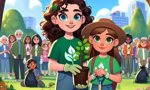Una niña de 11 años, llamada Sofía, se encuentra en el centro de la imagen, con cabello rizado castaño y ojos brillantes de determinación. Lleva una camiseta verde con un logo de hoja y un short de mezclilla, sosteniendo una pequeña pala con una gran sonrisa, lista para plantar un árbol. A su lado, su mejor amiga Lucía, también de 11 años, tiene el cabello largo y liso, recogido en una coleta. Lleva una gorra y guantes de jardinería, sosteniendo un joven árbol que está a punto de plantar. El lugar es un parque verde, con árboles majestuosos al fondo, flores coloridas en el suelo y un cielo azul con nubes blancas. A lo lejos, se pueden ver vecinos curiosos observándolas, algunos sosteniendo bolsas de basura para ayudar a recoger desechos. La escena principal muestra a Sofía y Lucía en acción, rodeadas de amigos, plantando árboles con entusiasmo, mientras un grupo de vecinos se une a ellas para limpiar el parque, creando una atmósfera de camaradería y compromiso por la protección del medio ambiente.