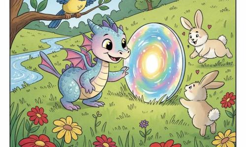 A small baby dragon with pearly pale-pink and sky-blue scales, round bright eyes and a delighted smile reaches a paw toward a round shimmering portal set in the grass; a colorful tit-like bird with yellow and blue plumage perches on a branch above the dragon with half-open wings, and three fluffy toy-like rabbits, white and beige with mischievous eyes, hop and sing to the right; the bright meadow has oversized vivid flowers (red, purple, yellow), tall soft-stroked grass, rounded trees in the background and a sparkling stream to the left; the moment shows the dragon hesitating then stepping through a glowing holographic ring that pulses rainbows, with soft light and colorful swirls—magical, joyful and safe.