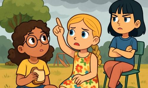 There are three characters: Maya, a 10-year-old girl with curly brown hair and round glasses, wearing a yellow t-shirt and denim shorts, sitting on the grass holding a sandwich and looking at the sky with a curious expression; Zoe, a 10-year-old girl with braided blonde hair and sparkling green eyes, wearing a colorful flower dress and sandals, sitting next to Maya and pointing at the cloudy sky with a worried expression; and Samira, a 10-year-old girl with straight black hair and bangs, wearing a blue t-shirt and pink pants, slightly behind, rocking on her garden chair with crossed arms and a determined look. The main setting is a sunny park with a large leafy tree in the center, surrounded by lawns yellowed by the heat. In the background, there's a small playground with swings and a slide, but the sky is covered with gray clouds, creating a somewhat ominous atmosphere. The main situation shows the three friends seriously discussing the changes they have noticed in their environment, with concerned expressions on their faces. Withered flowers and absent bees are visible around them, symbolizing the effects of climate change.