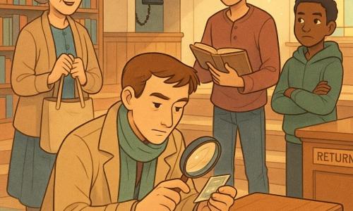 A kind, focused detective in his thirties with a slim face, short chestnut hair, a light beige coat and green scarf kneels by a small wooden writing box, examining a postcard with a magnifying glass while a mischievous but attentive teenage boy Jonas (about 16) with wavy black hair stands on a step behind him holding an old book and half-smiling, Ms. Ketteridge (about 45) with gray hair in a soft bun stands relieved near the desk holding a canvas bag, and Eli (about 14) in a green hoodie stands by the book return with folded hands and a curious look ready to tell what he saw; warm, bright library setting with wooden shelves of colorful books, patterned island rug, small amphitheater steps, an old black wall phone in an alcove and a polished service table with a missing bell ring, the group in a semicircle around the detective as soft stained-glass light and dust motes create a cozy, friendly mystery scene in pastel, hand-drawn textures.