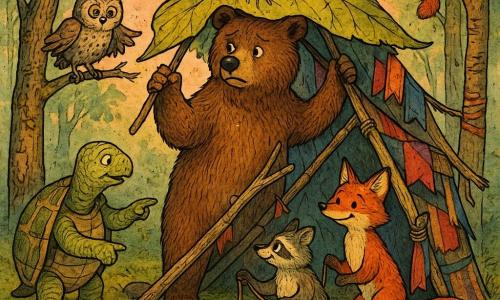 The main character is a tall anthropomorphic brown bear with textured fur and a worried but determined look, standing center holding a giant leaf as a roof and placing a branch. A small gray owl (Oliver) with wide eyes and ruffled feathers perches on a low left branch, attentive and encouraging with slightly spread wings. An elderly striped-shelled tortoise (Tilly) stands near a ring of stones, calm and wise, pointing to the shelter’s structure. A red fox with pointed ears and a spotted raccoon stand side by side at the shelter entrance; the fox smiles holding a rope while the raccoon adjusts an improvised latch. Several small red squirrels weave branches into the roof, clinging to nearby trunks with quick focused movements. The scene is a mossy forest clearing with partly damaged trees and scratched trunks, round stones in a circle, and a pink-orange twilight sky filtering through crumpled foliage. The animals are rebuilding an shelter together after a distant conflict: patched planks and torn colorful fabrics turned into banners of mutual aid, giving an atmosphere of repair, unity, and cooperative action.
