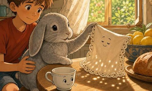 The main character is a small realistic plush rabbit with thin gray ears, delicate whiskers and slightly faded fur, sitting on a stool at the edge of a round wooden table and raising a paw as if showing something; a worn cloth napkin with several little holes acts as a secondary character, hanging over the table edge and appearing proud and calm as sunlight streams through its holes and casts points of light on the table; a small white porcelain cup with a fine handle sits in front of the rabbit, vibrating gently with a friendly presence; a boy with scraped knees, messy hair and a gentle smile holds the rabbit on his lap in the background left, looking amazed; the warm kitchen setting includes a light wooden round table, a golden sunlit center with a bowl of lemons and warm bread, an open window with a light curtain revealing a blurred green garden; the scene focuses on the rabbit presenting the holey napkin like a story map, calm tender mood, warm colors, soft contrasts, clear narrative style.