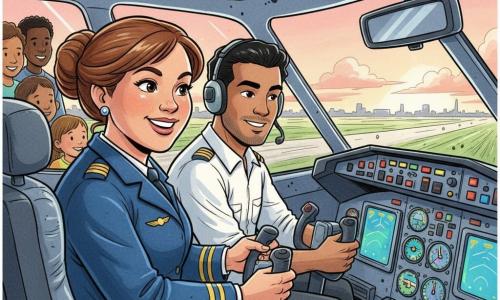 A female pilot in her thirties with chestnut hair in a bun, a round face, bright eyes and a confident smile wears a navy pilot jacket with gold insignia, hands on the yoke and face lit with excitement; beside her a focused male copilot around 30 with short black hair and light beard wears a headset and checks instruments to his right. Blurred smiling passengers, including children, look out the side windows. The cockpit shows a dashboard of bright screens, colorful buttons, metal levers and glossy instrument reflections. Through the large windshield the runway slides by with green grass and distant buildings under a pink-amber morning sky; the plane is lifting off with the nose rising, low clouds and a wide horizon conveying adventure and safety.