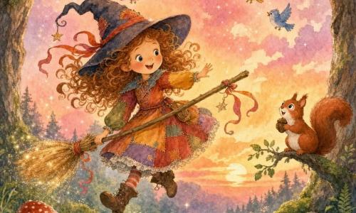A mischievous, joyful young witch with sparkling eyes and a trembling pointed hat smiles as she balances and dances on a gleaming broom; she wears a warm-colored patchwork dress, soft leather boots, and has ribbons and curls floating around her while a red squirrel perches on a branch to her right holding a hazelnut and colorful birds (red, blue, yellow) flutter in a semicircle above; the scene is a mossy forest clearing with textured tree trunks, ferns, wildflowers and round mushrooms in the foreground, under a pink-orange-violet sunset sky with fluffy clouds and falling magical sparkles, rendered with clean lines and delicate watercolor washes.