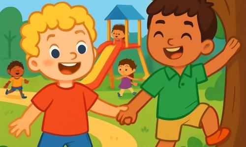 Een 4-jarig jongetje genaamd Tom, met krullend blond haar en sprankelende ogen, draagt een rood t-shirt en een blauwe short. Hij glimlacht breed, met zijn wangen rood van opwinding, terwijl hij zijn hand uitsteekt naar zijn nieuwe vriend. Naast hem staat Samir, een 4-jarig jongetje met bruin haar en een olijfkleurige huid, in een groene shirt en een beige short. Hij lacht, met stralende ogen van geluk, en maakt zich klaar om in een grote boom te klimmen. De locatie is een zonnig park, vol met weelderig groen, met een grote kleurrijke glijbaan en een levendig speelterrein. Multikleurige bloemen omringen het pad, en kinderen spelen vrolijk om hen heen. De belangrijkste situatie toont Tom en Samir, hand in hand, klaar om samen het park te verkennen, met stralende gezichten vol vreugde en vriendschap, die de schoonheid van diversiteit en kameraadschap symboliseren.