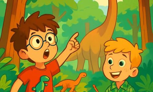 Es gibt zwei Hauptfiguren: Max, ein 10-jähriger Junge mit zerzausten braunen Haaren und runden Brillen. Er trägt ein rotes T-Shirt mit einem Dinosaurier und eine blaue Shorts. Er steht mit weit aufgerissenen Augen voller Staunen und zeigt auf einen riesigen Dinosaurier. Leo, ebenfalls 10 Jahre alt, hat blonde Haare und Sommersprossen im Gesicht. Er trägt ein grünes kariertes Hemd und beige Hosen. Er steht neben Max, lächelt und hält ein kleines Notizbuch, in das er über die Dinosaurier, die sie beobachten, Notizen macht. Die Szene spielt in einem üppigen prähistorischen Wald mit großen Bäumen und riesigen Farnen. In der Ferne steht majestätisch ein riesiger Brachiosaurus, dessen Kopf die Baumkronen berührt, während andere Dinosaurier friedlich im Unterholz umherziehen. Sonnenlicht filtert durch die Blätter und erzeugt ein Spiel von Schatten und Licht auf dem Boden. Max und Leo sind fasziniert von der Entdeckung dieser riesigen Kreaturen, beobachten die Dinosaurier aufmerksam, machen Notizen und diskutieren ihre Merkmale. Die Atmosphäre ist voller Aufregung und Neugier, mit lebendigen Farben und fesselnden Details, die Abenteuer und Lernen hervorrufen.