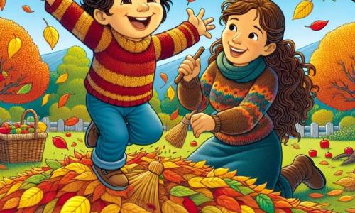 Um menino de 4 anos, Miguel, com cabelos castanhos e cacheados, e um grande sorriso no rosto, está pulando alegremente em um monte de folhas coloridas, com os braços abertos, cercado por folhas amarelas, laranjas e vermelhas que voam ao seu redor. Sua mãe, uma mulher de cerca de 30 anos com cabelos longos castanhos e um suéter de lã, está próxima, sorrindo, enquanto recolhe folhas com uma pequena vassoura. Ela observa Miguel com ternura e diversão. O jardim está cheio de árvores com cores de outono, com maçãs vermelhas penduradas em um galho e um céu azul claro ao fundo. O chão está coberto de folhas secas, criando um tapete colorido sob os pés de Miguel. A cena principal mostra Miguel se divertindo ao pular nas folhas, enquanto sua mãe o encoraja e aproveita esse momento mágico de outono em família.