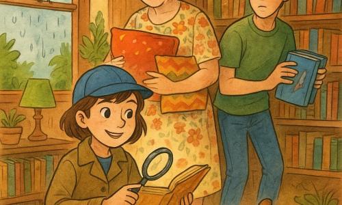 Clara, niña de unos 10 años, sonriente y orgullosa, pelo castaño corto, gorra azul de detective y abrigo caqui, arrodillada junto a una estantería sosteniendo un libro amarillento con una mano y una lupa redonda con la otra; doña Juana, bibliotecaria de unos 50 años, pelo gris recogido en un moño y vestido de flores, de pie detrás con cojines coloridos y sonrisa dulce; Pedro, aprendiz de bibliotecario de unos 16 años, camiseta verde y pelo castaño, coloca libros de aves en la estantería cercana mirando la escena, algo sorprendido; Manchas, gato atigrado macho, rueda en el suelo junto a los pies de Clara con plumas rojas en el pelaje y actitud juguetona; un pequeño pájaro rojo posado en el alféizar de la gran ventana empañada fuera, cabeza ladeada mirando con curiosidad; biblioteca del pueblo con estanterías de madera, libros coloridos, alfombra circular con motivos de animales, lámparas de luz cálida, plantas y gotas de lluvia en la ventana; situación: Clara muestra el libro recuperado a un grupo de niños sentados en cojines, ambiente cálido y resuelto, detalles visibles: plumas rojas, esquinas mordidas del libro, páginas despeinadas, arañazos del gato y luz suave de poslluvia.
