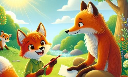 Ein kleiner Fuchs namens Felix, mit einem leuchtend orangefarbenen Fell und einem langen buschigen Schwanz, sitzt auf dem grünen Gras, entschlossen und lächelnd, einen Bleistift und ein kleines Stück Papier haltend. Neben ihm schaut seine Mama, eine schöne Füchsin mit weichem braunem Fell, liebevoll auf ihren Sohn, mit einem leichten Lächeln im Gesicht, während sie ein weiteres Papier hält. Sein Papa, ein kräftiger Fuchs mit etwas dunklerem Fell, beugt sich zu ihnen, aufmerksam und gelassen, bereit zuzuhören. Ihre Diskussion findet in einem sonnigen Garten statt, umgeben von leuchtend grünen Bäumen und bunten Blumen, die im Wind tanzen. Im Hintergrund funkelt ein Bach in der Sonne und verleiht der Szene einen Hauch von Magie. Felix schlägt ein Familientreffen vor, um über ihre Gefühle zu sprechen, während seine Eltern ihm aufmerksam zuhören und einen warmen, liebevollen Moment schaffen.