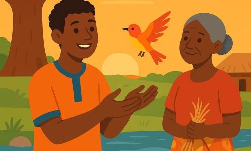 Kwame, about 25, smiling with brown skin and short curly hair, wearing an orange and blue tunic, holds a small red-and-yellow passerine with a healed wing in his open hands as Mama Amina, about 60, dark-skinned with gray hair in a bun and a wrapped skirt holding dried herbs, stands kindly by a small wooden hut; they are on a riverbank with clear water, smooth rocks, green grass, a large baobab and clay village huts in the background; Kwame opens his hands to release the bird into the orange sunset sky, his face showing gentle joy as leaves and grass move lightly.