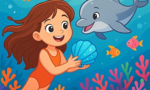Una niña de 8 años, Lucía, con largos cabellos castaños flotando en el agua, ojos llenos de curiosidad y una gran sonrisa maravillada, nada alegremente bajo el mar, sosteniendo una concha azul brillante en sus manos. A su lado, un delfín sonriente, Delfi, con piel gris brillante y ojos traviesos, hace piruetas en el agua, añadiendo un toque de magia a la escena. El decorado es un mundo submarino vibrante, lleno de corales coloridos en tonos rosas, naranjas y violetas, peces multicolores nadando a su alrededor, y rayos de luz filtrándose a través de la superficie del agua, creando una atmósfera de ensueño. Lucía y Delfi exploran juntos un magnífico arrecife de coral, rodeados de fascinantes criaturas marinas, mientras descubren tesoros ocultos y maravillas submarinas.